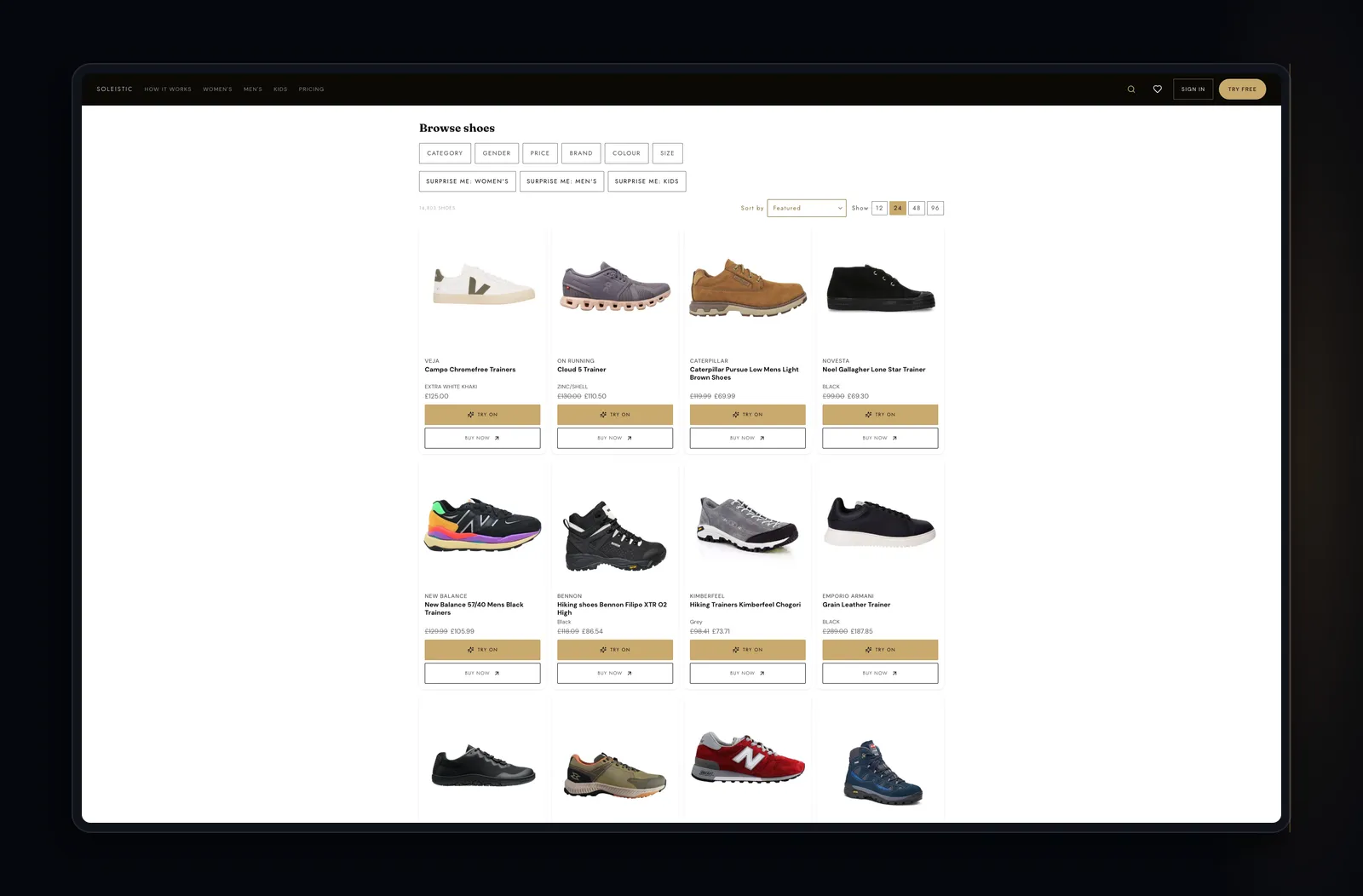 Soleistic catalog: browse shoes from 100+ brands, each with one-tap try-on